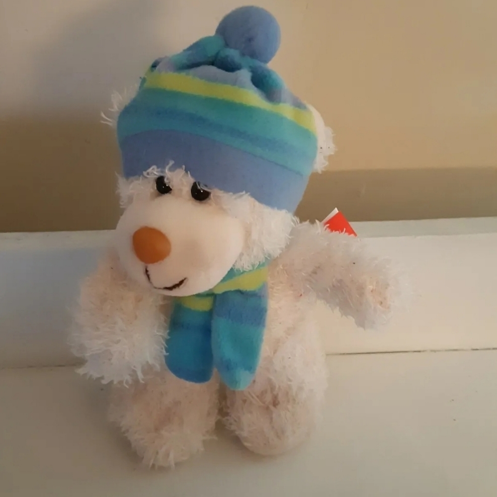 Gitzy 2017 Bear Plush White Blue Hat Scarf 8" Stuffed Animal Toy